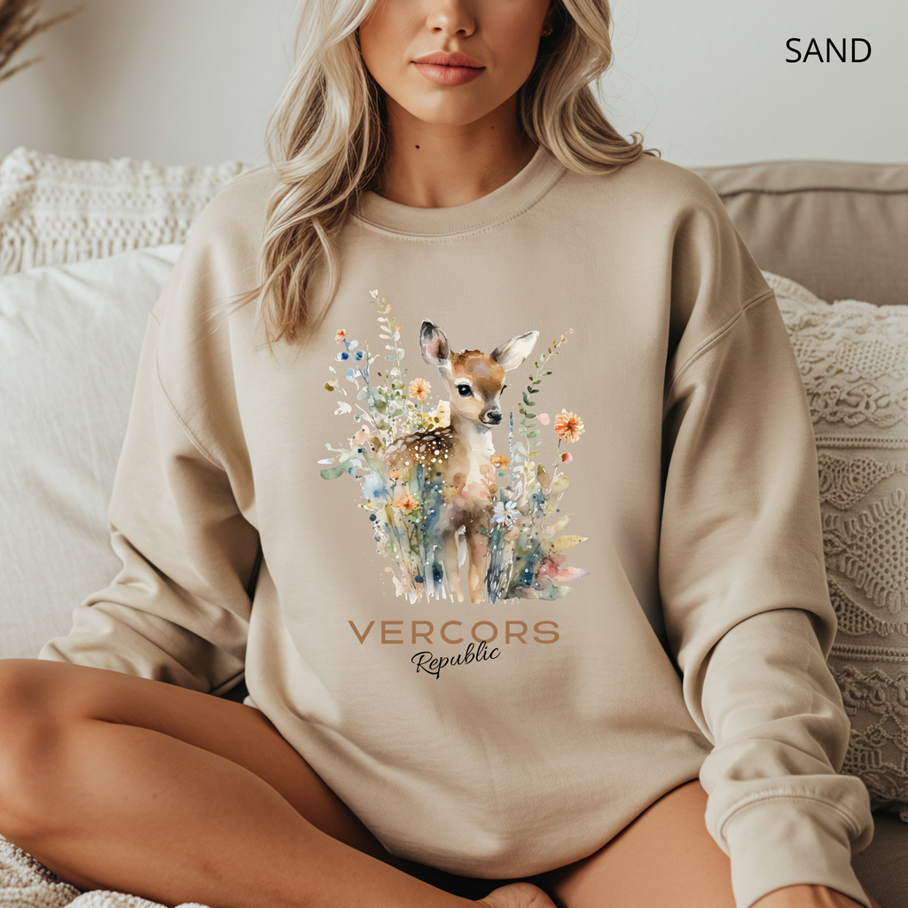 Sweat Unisexe à Col Rond - Bambi Entouré de Fleurs