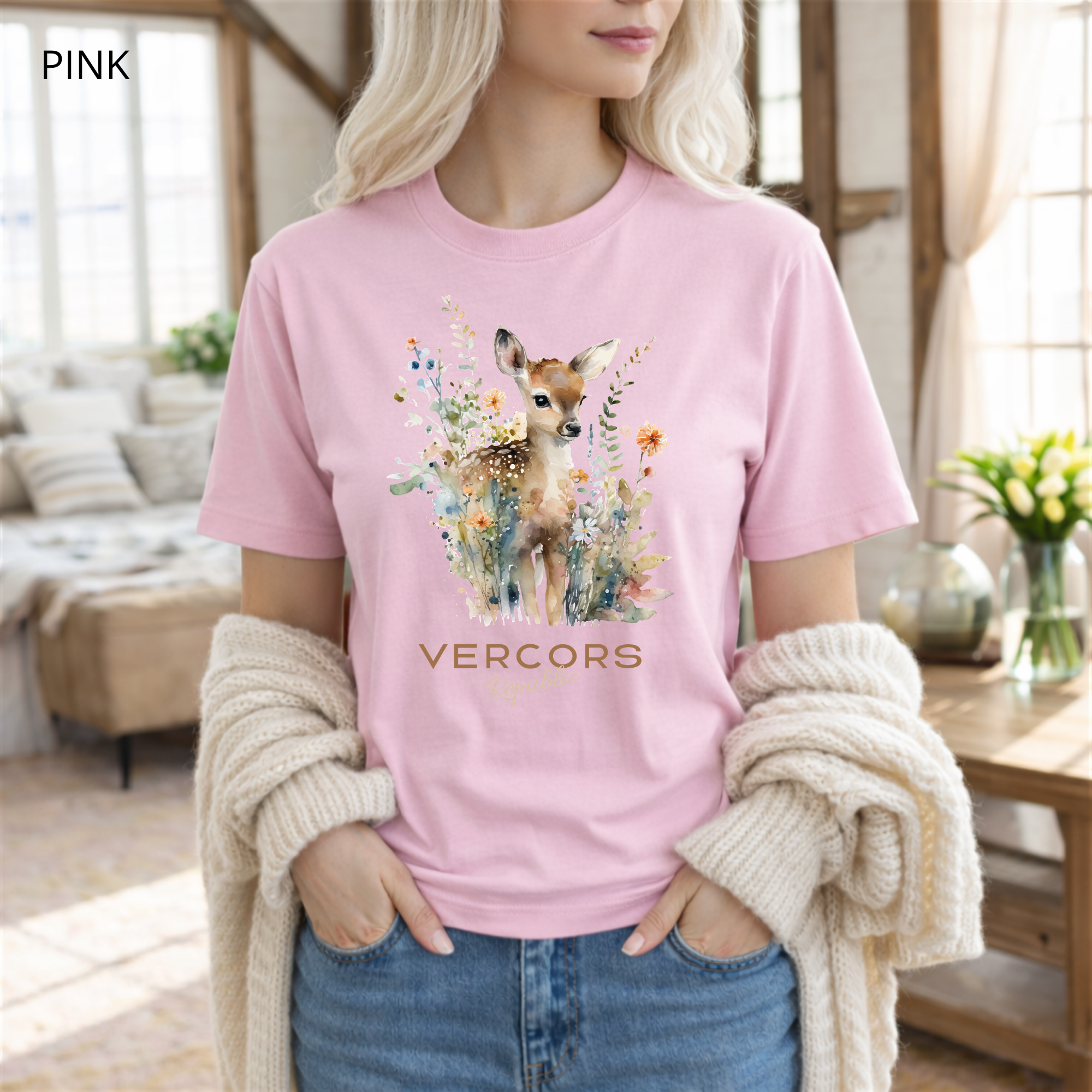 T-shirt unisexe en coton biologique - Bambi Entouré de Fleurs