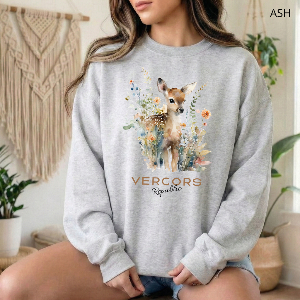 Sweat Unisexe à Col Rond - Bambi Entouré de Fleurs